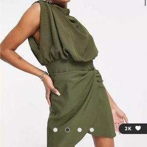 ASOS DESIGN Petite cowl neck blouson mini dress with twist skirt in khaki